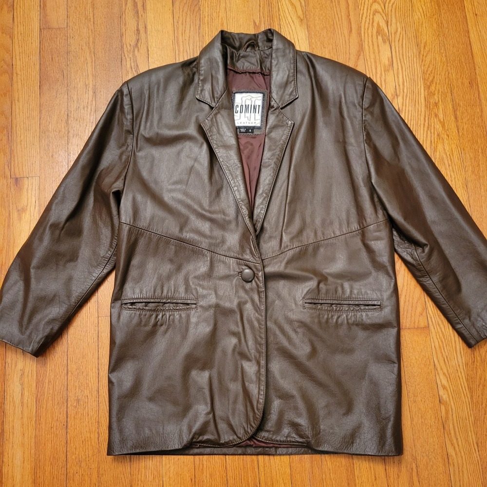 COMINT‎ LEATHER Brown Blazer Jacket S Single Button Classic Western Vintage